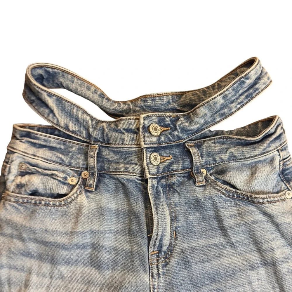 American Eagle Double Waist Band Baggy Straight Jeans Light Wash Size 0 Mom Jean